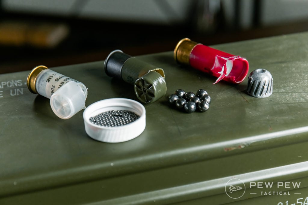 12ga Shotgun Shells, Opened (L to R: Bird, Buck, Slug)